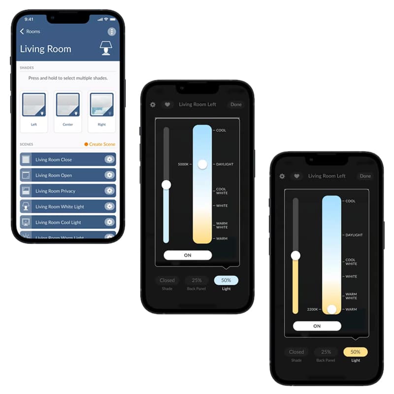Adjusting color temperature and brightness of living room lights via mobile app.