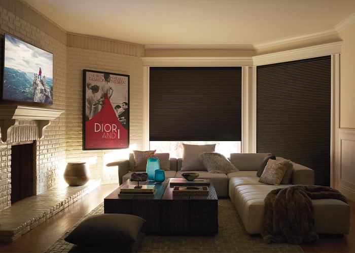 Bright and inviting living space featuring a sectional sofa, decorative pillows, coffee table, and stylish window coverings for a comfortable home ambiance.