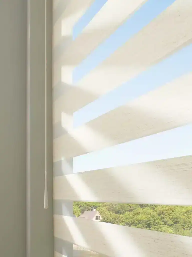 Close-up of sunlight filtering through beige horizontal window blinds, creating light and shadow patterns, with a glimpse of a neighborhood and blue sky outside.