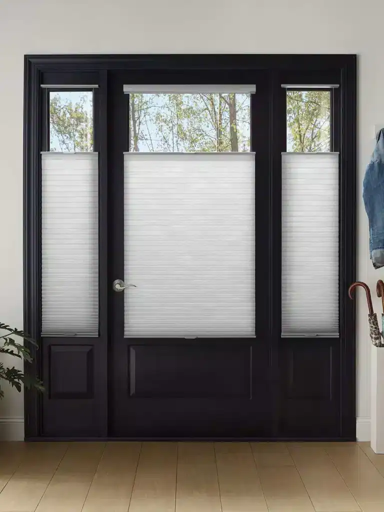A black wooden door with three window blinds covering the glass panes, set in a cozy interior with a view of trees outside.