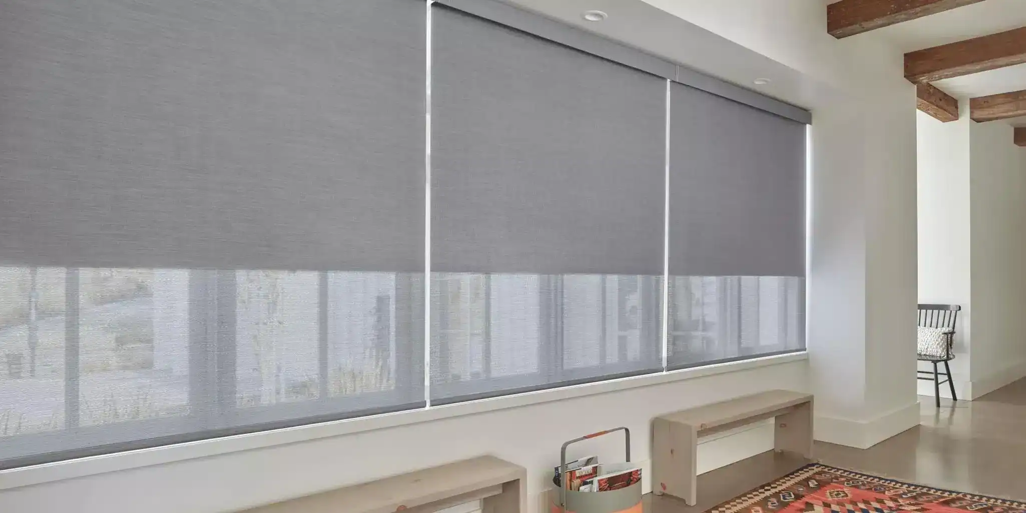 Dark gray roller blackout shades blocking sunlight.