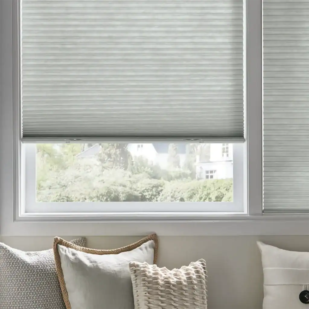 Bright window with horizontal blinds, overlooking a lush garden and neighboring houses.