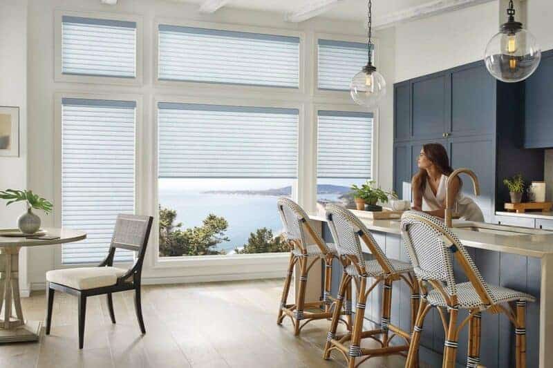 Bright living room with large windows featuring modern window coverings, including blinds and shades, providing privacy and light control.
