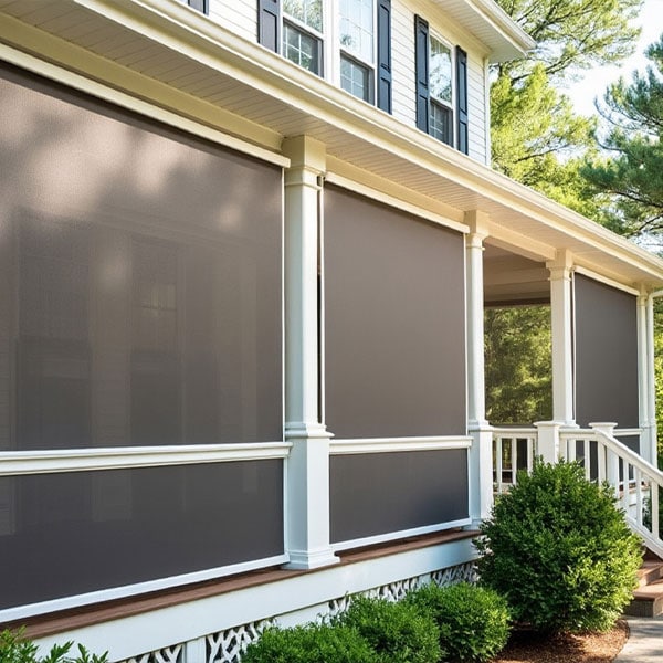 Home with energy-efficient screened porch, solar shading, and lush greenery, promoting sustainability and outdoor comfort.