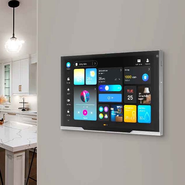 Wall-mounted smart home control panel with touchscreen interface for lighting, climate, and security management.