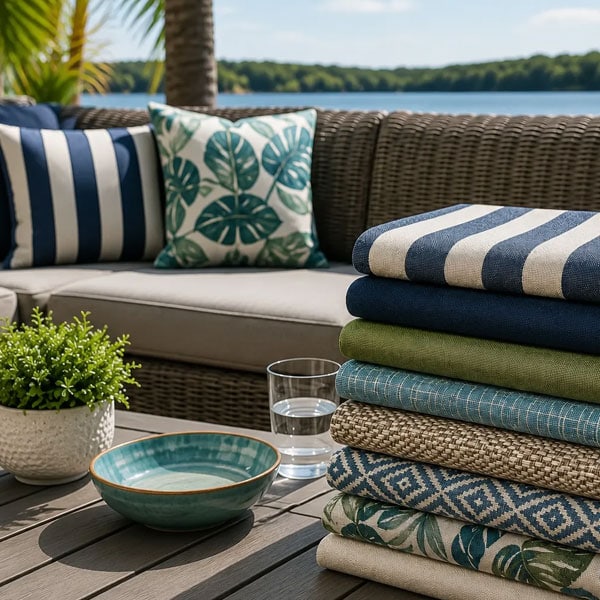 Stacked fabric textiles with cushions on outdoor wicker sofa near water and palm trees.